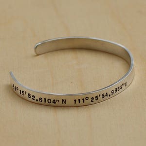 Handstamped GPS Coordinates Cuff Sterling Silver image 1