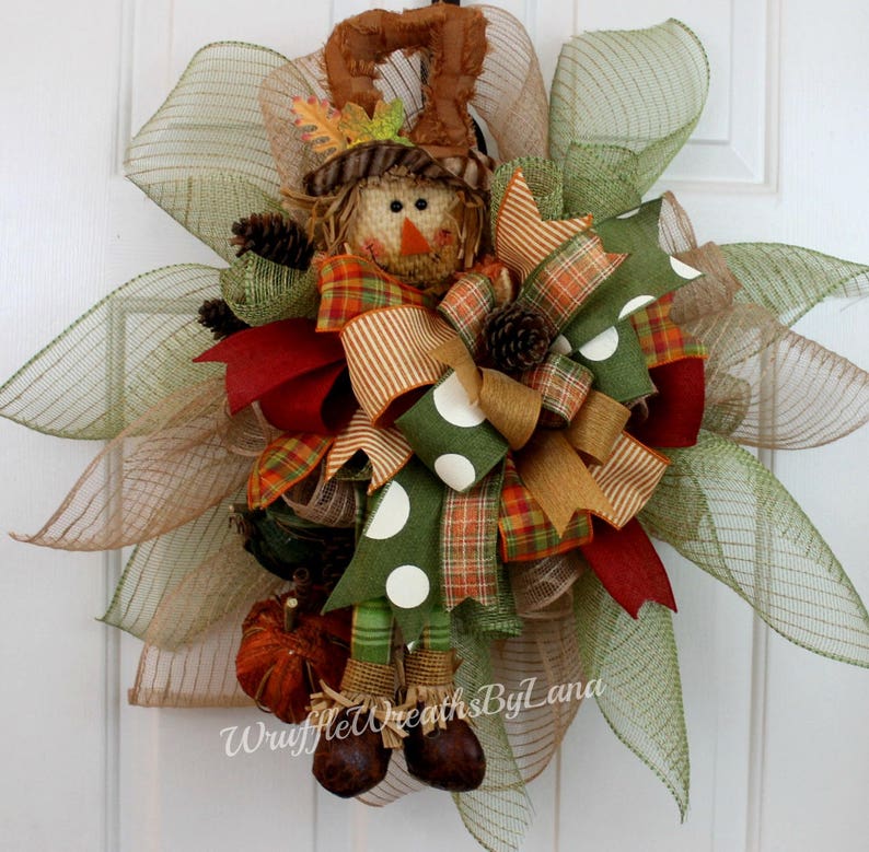 Fall Deco Mesh Wreath for Front Door Clearance Scarecrow Door Hanger Fall Wreath Scarecrow Wreath for Fall Fall Scarecrow Door Hanger