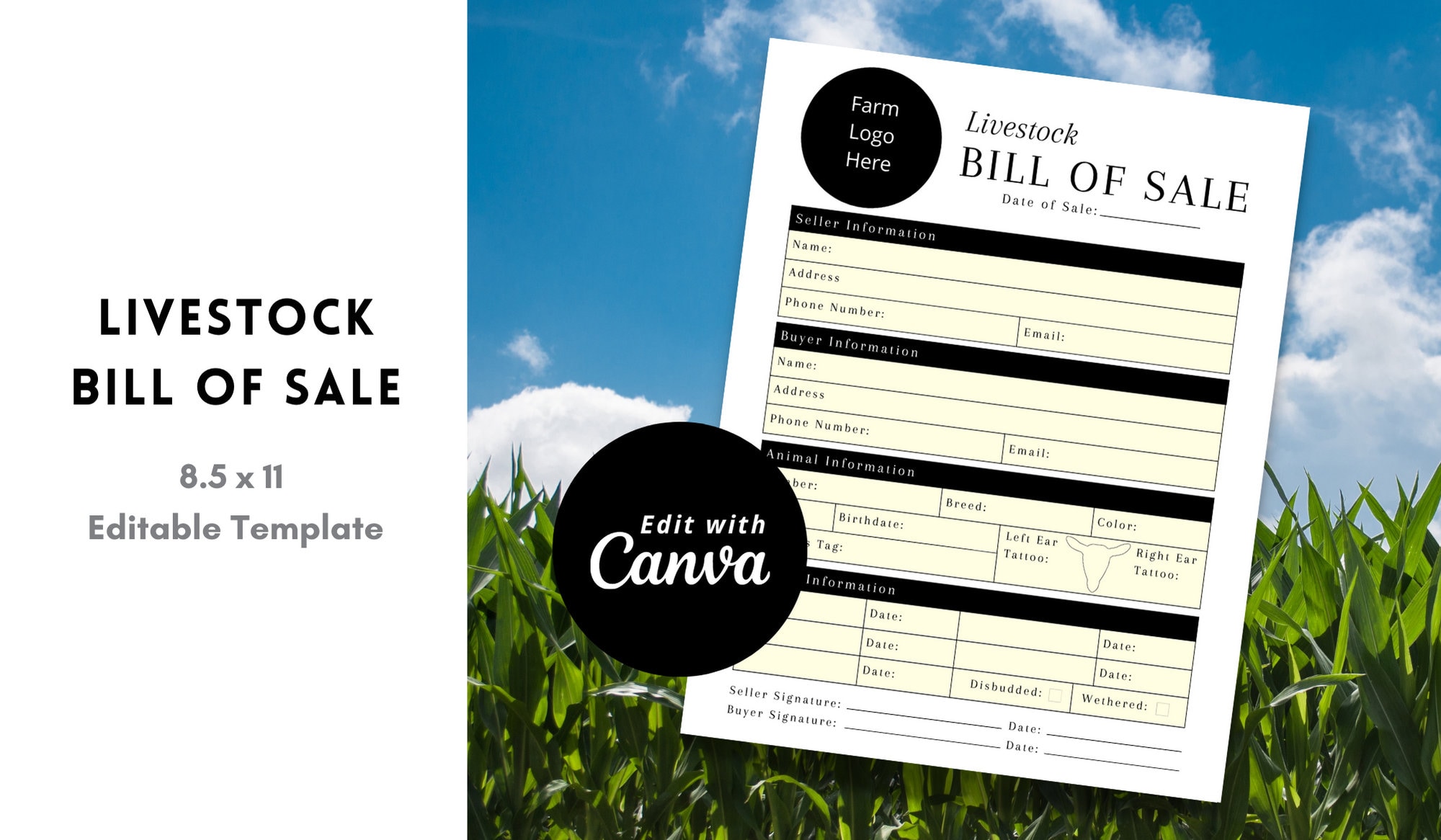 Livestock Animal Bill of Sale, PDF Download, Editable Etsy