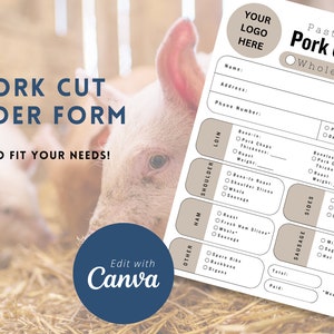 May include: A printable pork order form with a white background and black text. The form includes sections for customer information, order details, and different cuts of pork. The form is titled "Pasture Raised Pork Order Form".