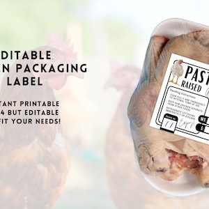 May include: Editable printable label for pasture-raised whole chicken packaging. The label is white with black text and a simple illustration of a chicken. The text includes "Pasture Raised Whole Chicken", "Your Logo Here", "Handling Instructions", "Cook fully and thoroughly to internal temp of 165 degrees F", "Keep raw chicken separate from other foods", "Refrigerate leftover immediately or discard", "Amount", "11", "Eggs", "WT", "5", "Your Logo Here".