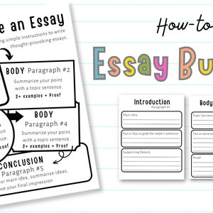 Puede incluir: Hoja de trabajo imprimible en blanco y negro con el título "Let's Write an Essay" y un diagrama que muestra la estructura de un ensayo con cinco párrafos: introducción, párrafo de cuerpo 1, párrafo de cuerpo 2, párrafo de cuerpo 3 y conclusión. La hoja de trabajo también incluye dos plantillas en blanco para un párrafo de introducción y un párrafo de cuerpo.