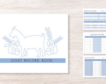 May include: A printable goat record book with a blue outline of a goat and floral designs. The book includes sections for kidding, shearing, and milk records.