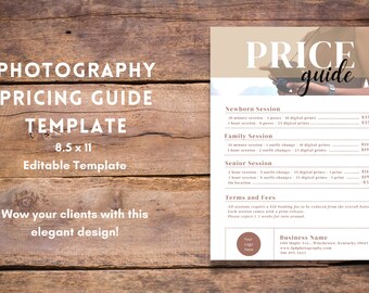Pode incluir: Um modelo de guia de preços de fotografia bege e marrom com o texto "PRICE guide" em uma fonte branca grande. O modelo inclui preços para sessões de recém-nascidos, família e sênior. O modelo é de 8,5 x 11 polegadas e é editável.