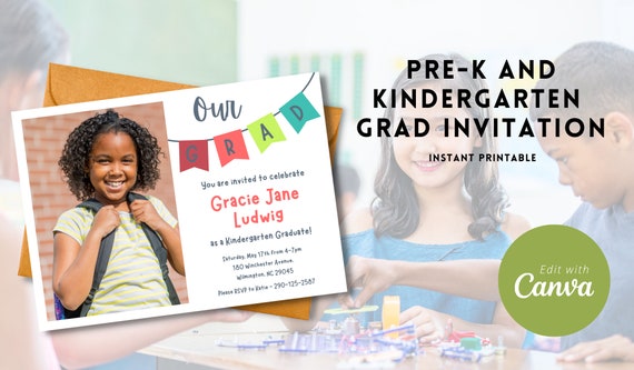 Kindergarten Grad Invitation, Canva Template, Editable Invite, Pre-K Graduate