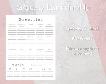Weekly Grocery List, Meal Planner, Digital PDF Printable
