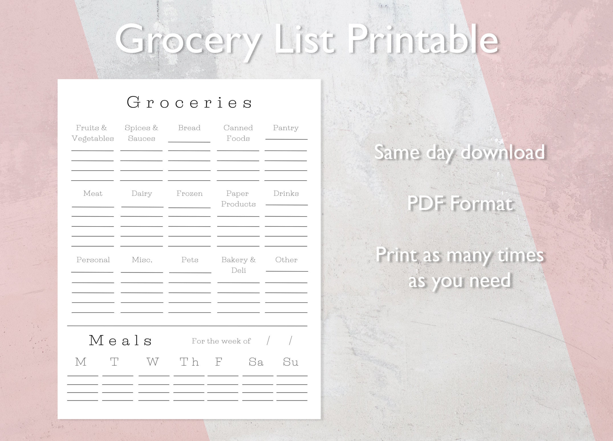Weekly Grocery List, Meal Planner, Digital PDF Printable - Etsy