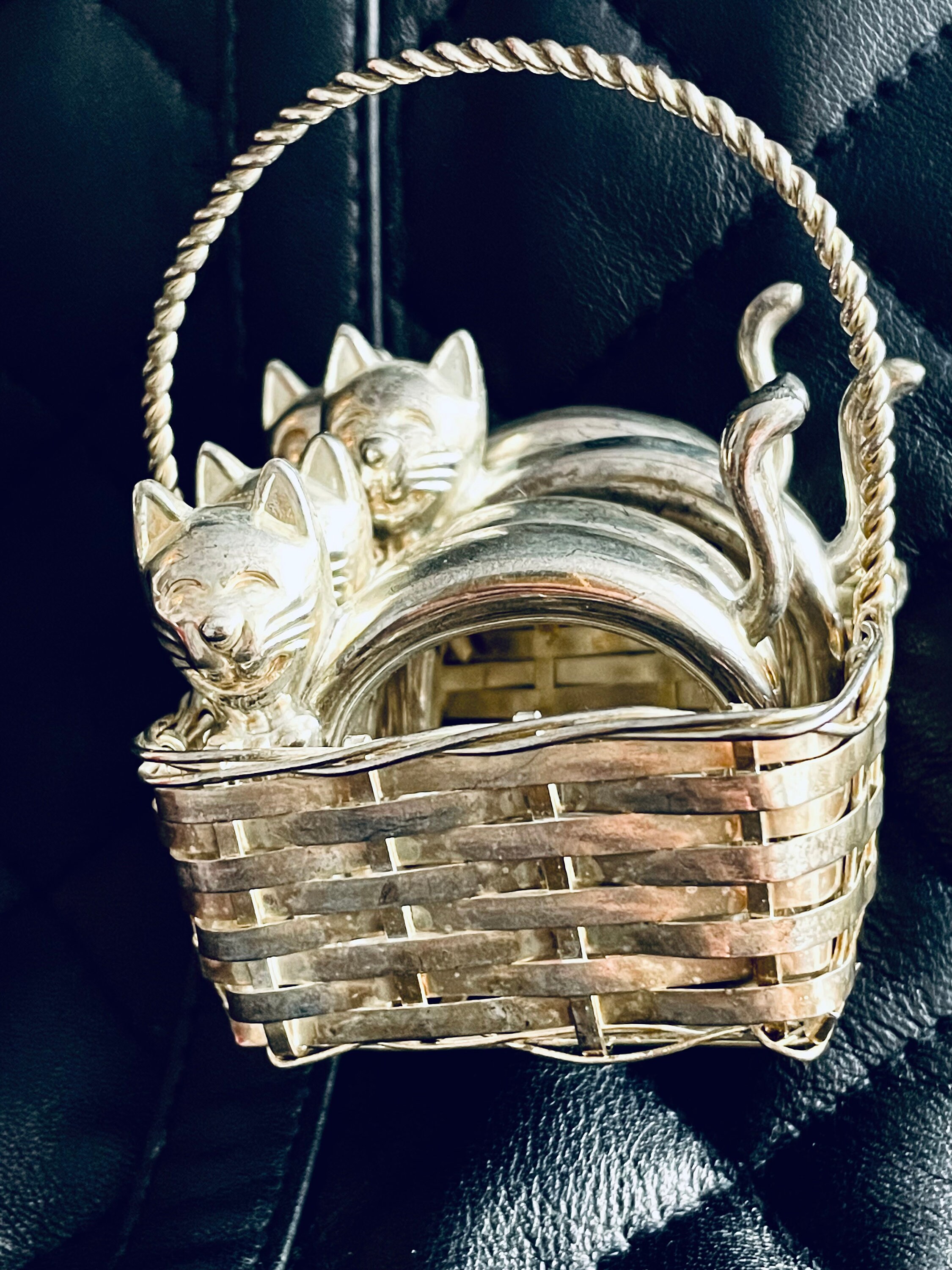 Vintage French Silver Napkin Rings Cats in Basket