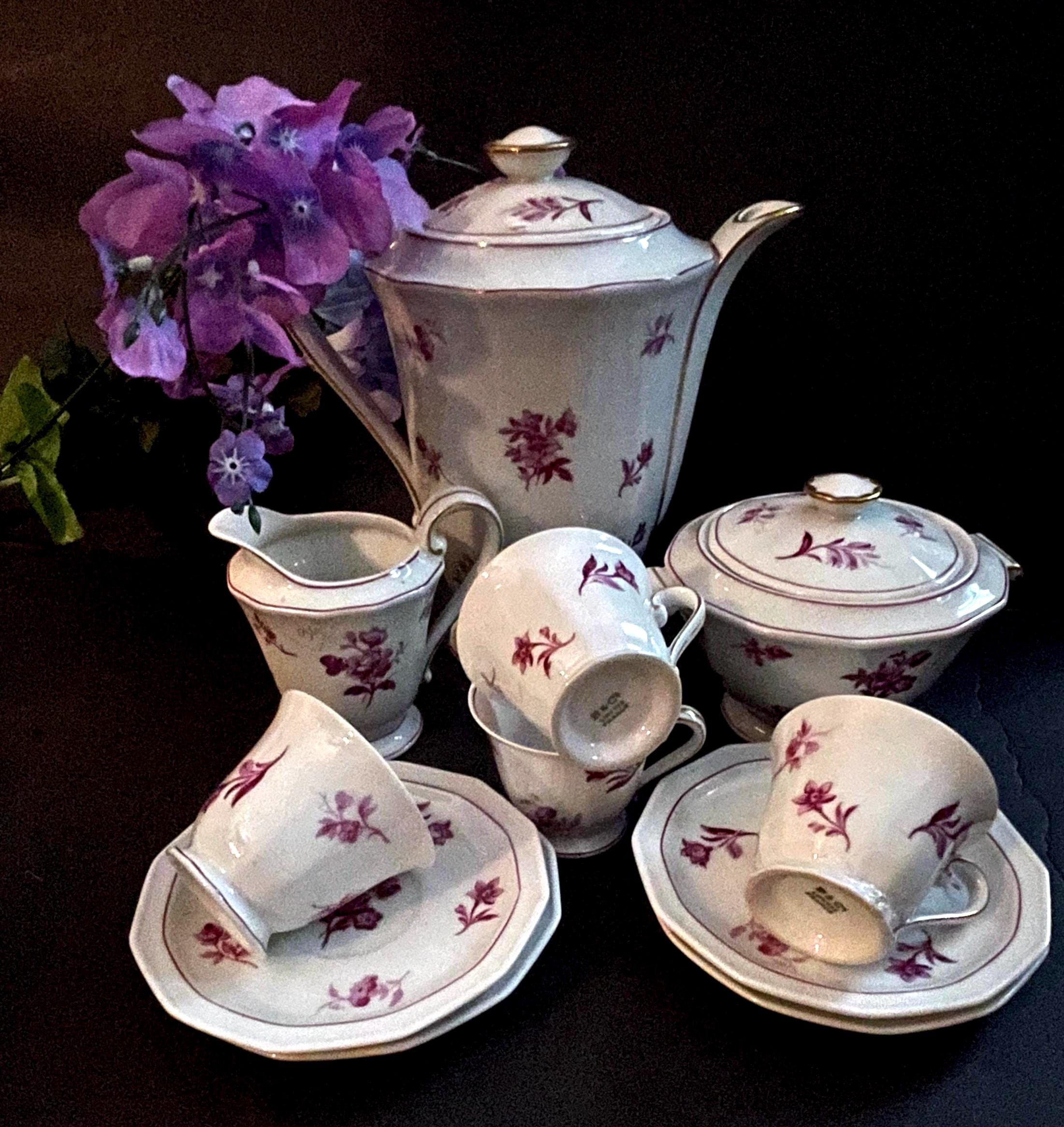 Antique French Coffee Set, Limoges, Purple Flowers