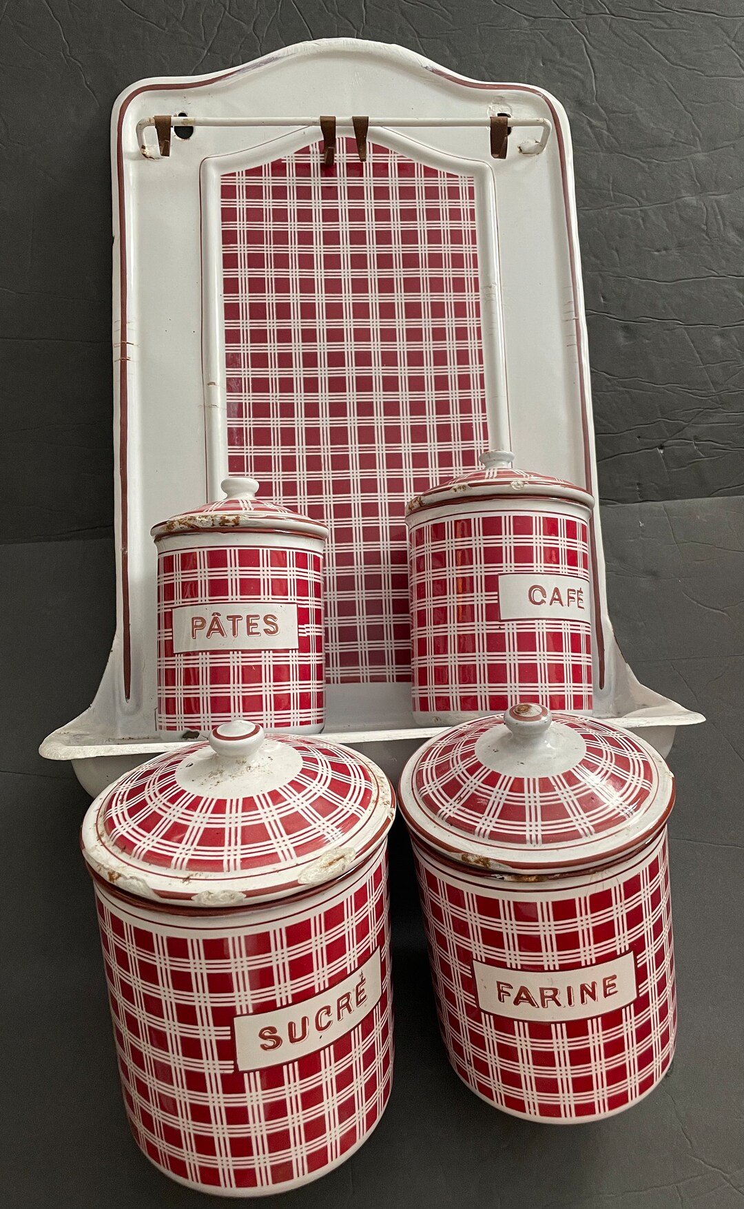 Vintage French Enamel Canister Set and Utensil Rack Etsy
