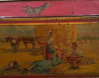 Vintage französische Keksdose, Farmszenen, Gold