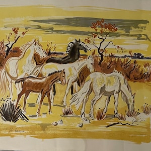 Vintage French Lithograph, Yves Brayer, Camargue Horses