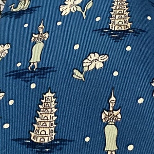 Vintage Hermes Silk Tie, Asian, Thailand, Pagodas, Blue