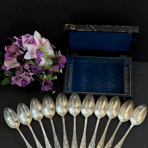 Pode incluir: Um conjunto de colheres de prata antigas dispostas em leque, com detalhes florais ornamentais nos cabos. Uma caixa vintage forrada a veludo azul está aberta no fundo, juntamente com um buquê de flores roxas e brancas. As colheres medem cerca de 15 cm.