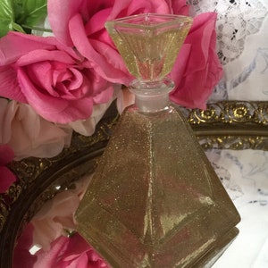 Vintage Perfume Bottle, France, Gold Glitter Glass, Pyramid Shape, Large