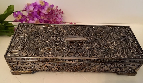 Vintage Jewelry Box, Ornate Silver Plated, Footed,