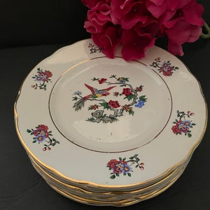 May include: A stack of eight white ceramic plates with a gold rim and a floral design featuring a colourful bird. The plates have a scalloped edge.