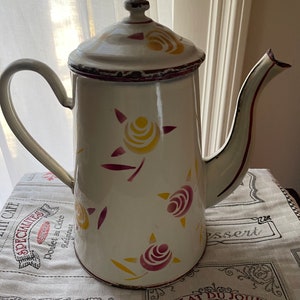 Vintage French Enamel Coffee Pot, Flowers