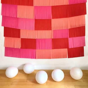 5 ft x 5 ft red, coral and hot pink tissue paper fringe garland photo backdrop
