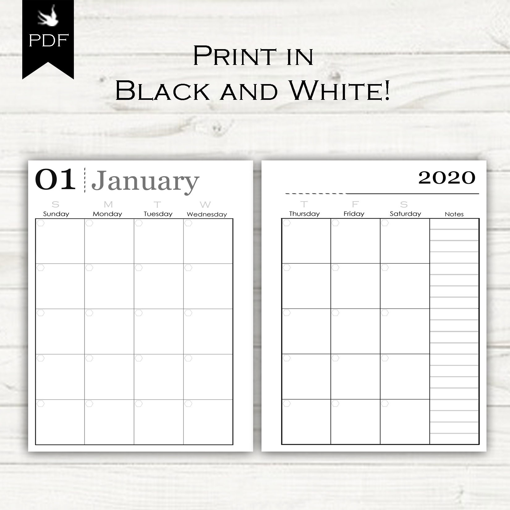 Month on Two Pages Monthly Calendar 2020! A5 and A4, Half Page and Full Page! Planner Printable ...