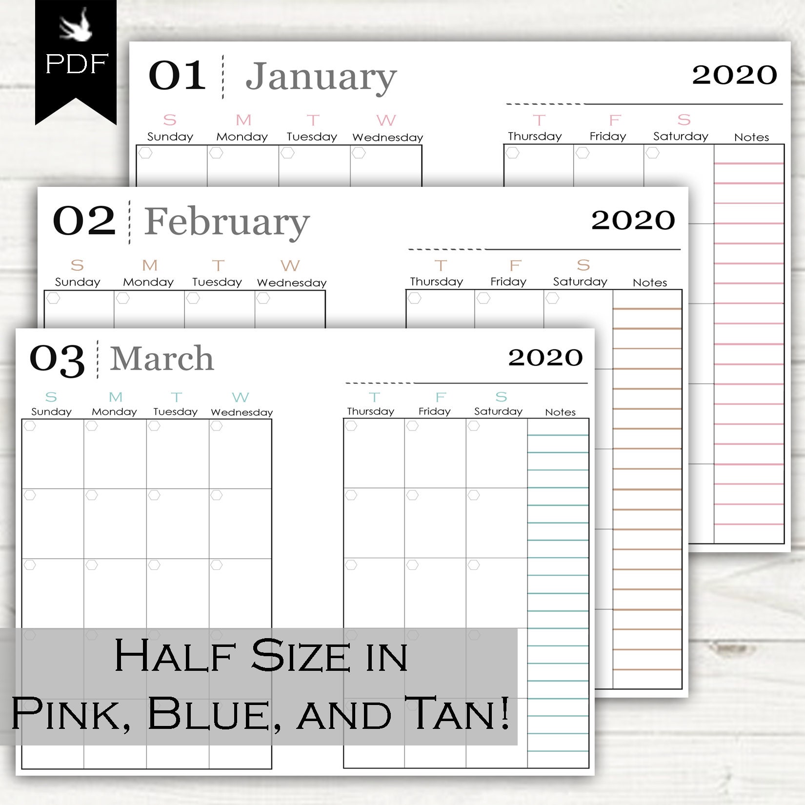 Month on Two Pages Monthly Calendar 2020! A5 and A4, Half Page and Full ...