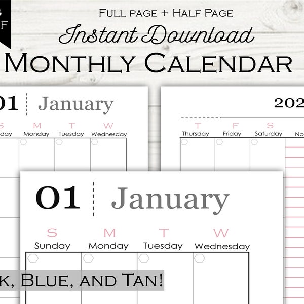 Month on Two Pages Monthly Calendar 2020! A5 and A4, Half Page and Full Page! Planner Printable!