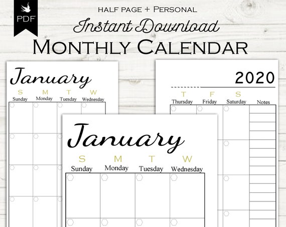 2020 Monthly Calendar Planner Printable A5 and A6 | Etsy