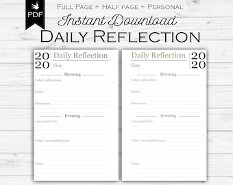 May include: Printable daily reflection journal pages with the year 2020 printed on the top. The pages are divided into morning and evening sections with prompts for affirmations, intent, motivation, gratitude, and accomplishments.