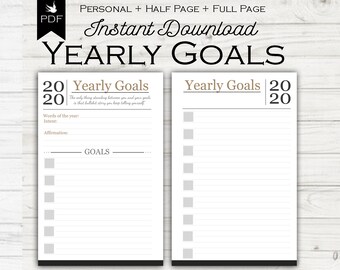 May include: A printable yearly goals planner with a black and white design. The planner includes space for words of the year, intent, affirmation, and goals. The text on the planner reads "Yearly Goals 2020".