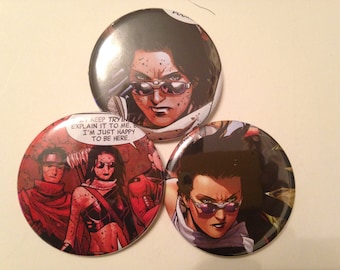 Confezione da 3 bottoni di fumetti di Occhio di Falco/Kate Bishop