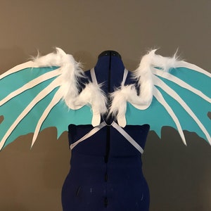 Realistic White and Blue Fuzzy Dragon Cosplay Wings