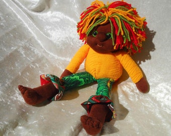 Dark skinned reggae doll unique handmade soft barefoot rasta doll red yellow green reggae home decor