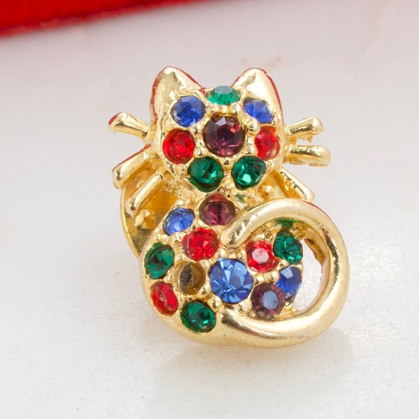 Vintage Multi Colored Rhinestone Cat Lapel Pin