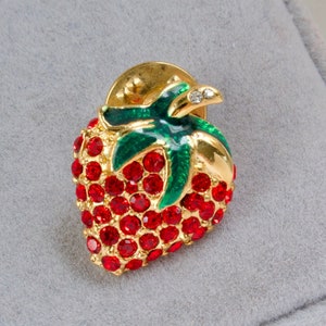 Vintage Strawberry Pin - Red Rhinestone Strawberry Pin - Gold Strawberry Pin