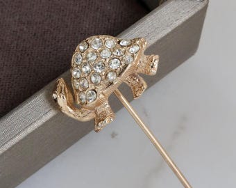 Vintage Rhinestone Turtle Gold Stick Pin