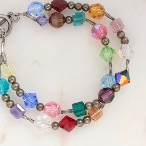 Vintage Sterling Silver Multi Colored Crystal Bead Bracelet Multi Strand Bracelet