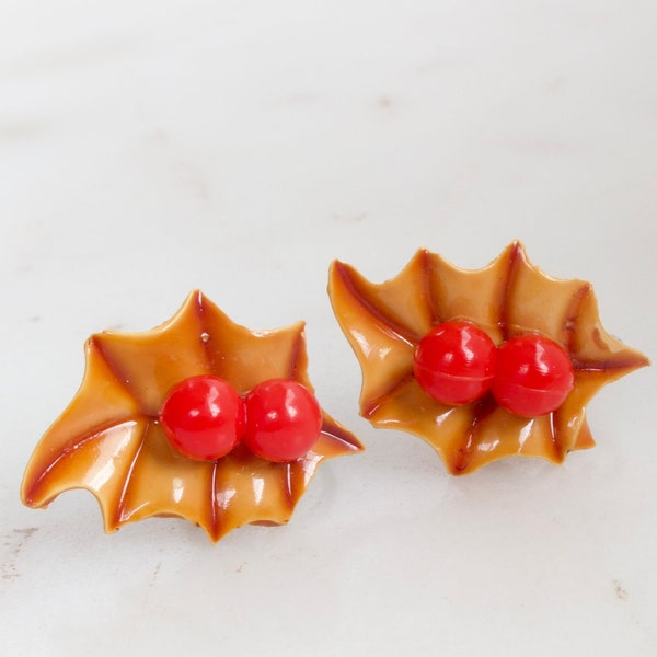 Vintage Brown Holly Berry Leaf Earrings