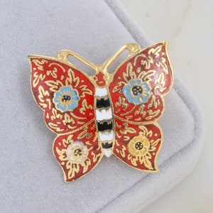 Broche de borboleta vermelha vintage - Broche de borboleta floral - Broche de borboleta floral vermelha