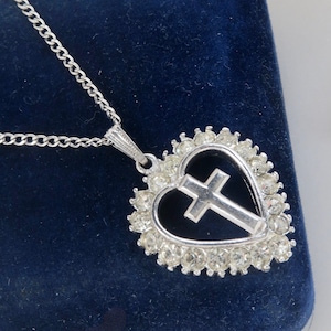 Vintage Cruz Corazón Colgante Collar Cruz Collar Plata Corazón Collar Religioso Collar Cruz Plata Collar