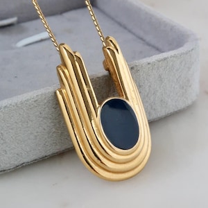 Collar abstracto dorado con esmalte azul marino de Monet vintage