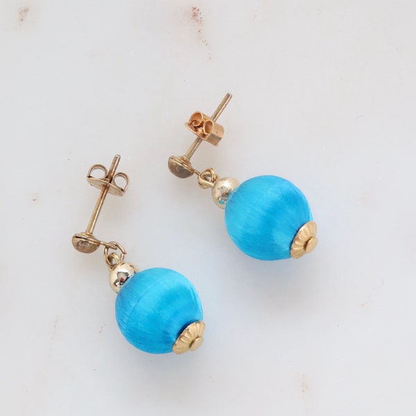 Vintage Blue Silk Thread Ball Dangle Earrings - Blue Ball Earrings - Dainty Earrings