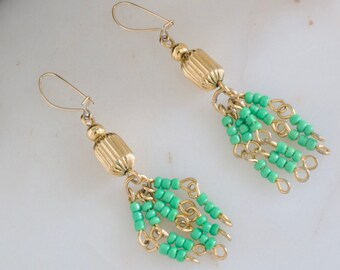 Vintage Green Bead Dangle Earrings - Statement Earrings - Green Bead Tassel Earrings - Gift For Her
