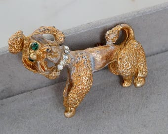 ヴィンテージ モネ プードル 犬 ブローチ ピン、ラインストーン アイ