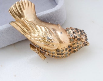 Vintage Gold Rhinestone Bird Brooch