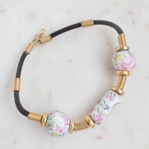 Vintage Floral Porcelain Bead Necklace - Leather Necklace image 2