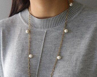 Pearl Gold necklace - Long Pearl Necklace - Vintage Pearl Necklace