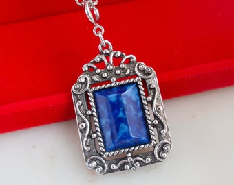 Vintage 1970s Sarah Coventry Blue Marble Necklace - Double Sided Pendant - Gift For Mom - Gift For Her - Blue Rectangle Pendant