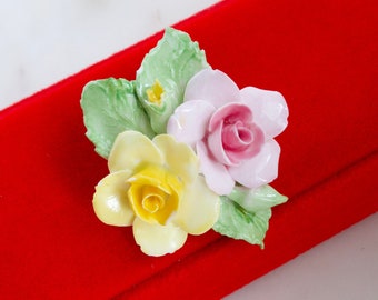 Vintage Denton China Floral Brooch - Made In England