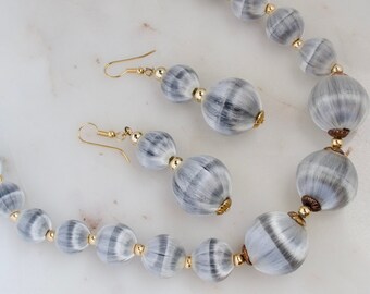 Vintage Gray Silk Thread Bead Set - Gray Beaded Necklace - Gray Thread Bead Earrings