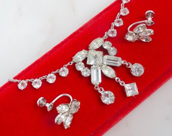 Vintage 1950s HENI Originals By Midas 12k Gold Filled Rhinestone Necklace Earrings Set - Gift For Her - Gift For Mom